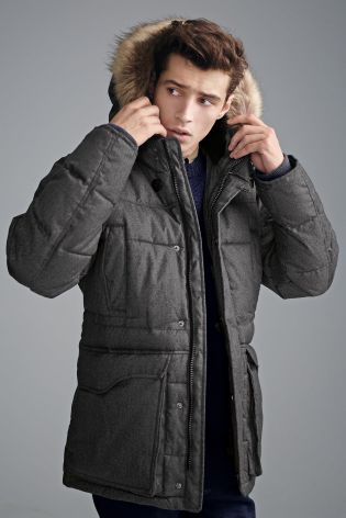 Charcoal Wadded Faux Fur Hooded Parka
